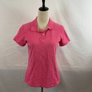 Lilly Pulitzer Vintage Y2K Skinny Polo Shirt L Pink Green Trim Short Sleeve